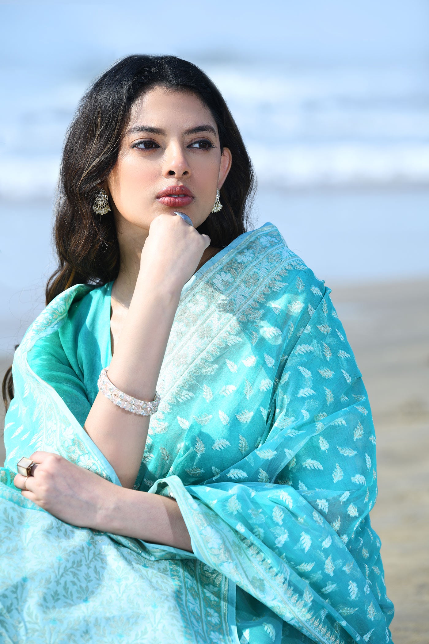 'Zehn-e-Gul' Sea Green Pure Resham Cotton Silk Banarasi Handloom Saree 'Zehn-e-Gul' Sea Green Pure Resham Cotton Silk Banarasi Handloom Saree