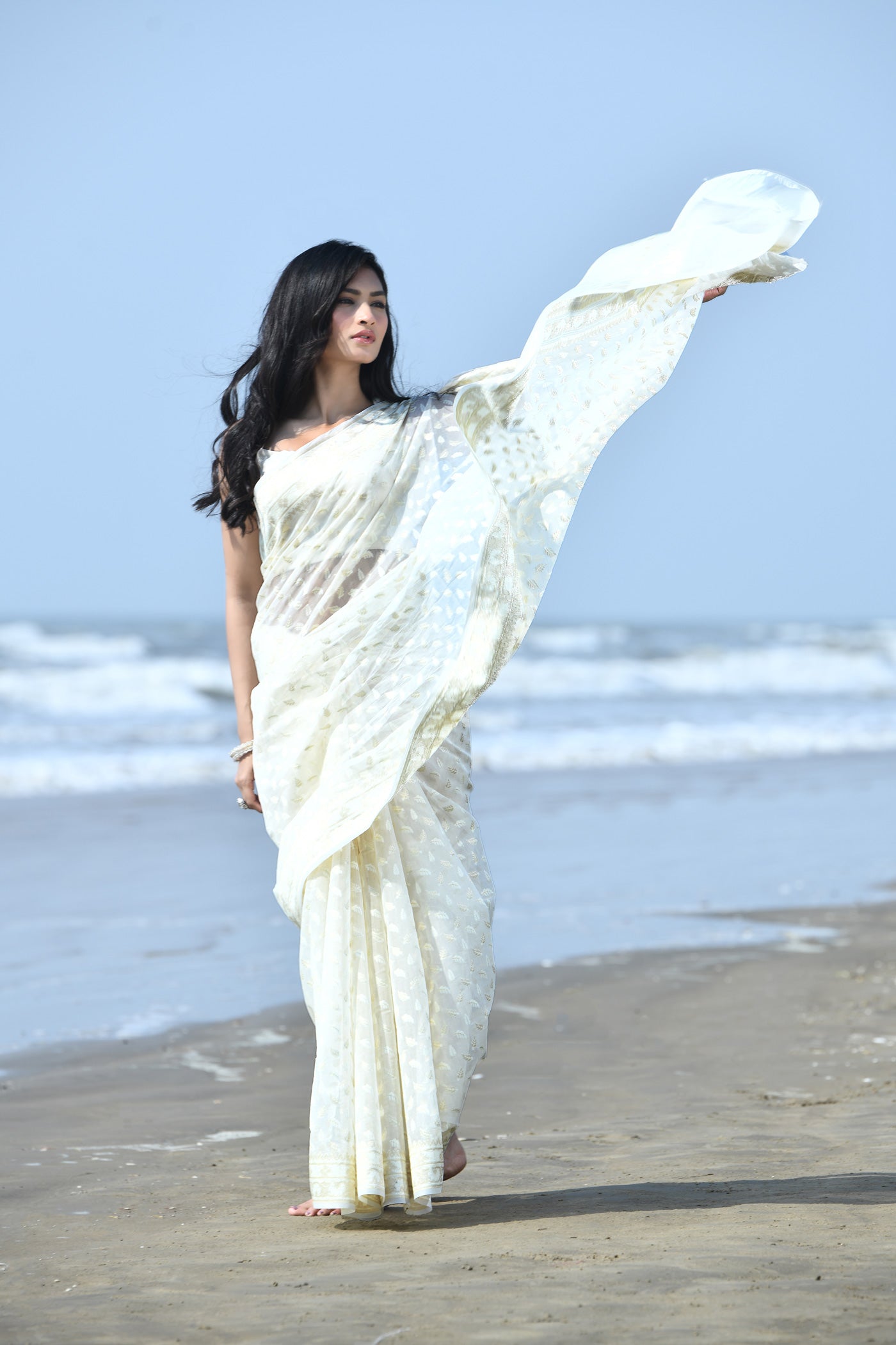 'Zehn-e-Gul' Off-White Pure Resham Cotton Silk Banarasi Handloom Saree 'Zehn-e-Gul' Off-White Pure Resham Cotton Silk Banarasi Handloom Saree