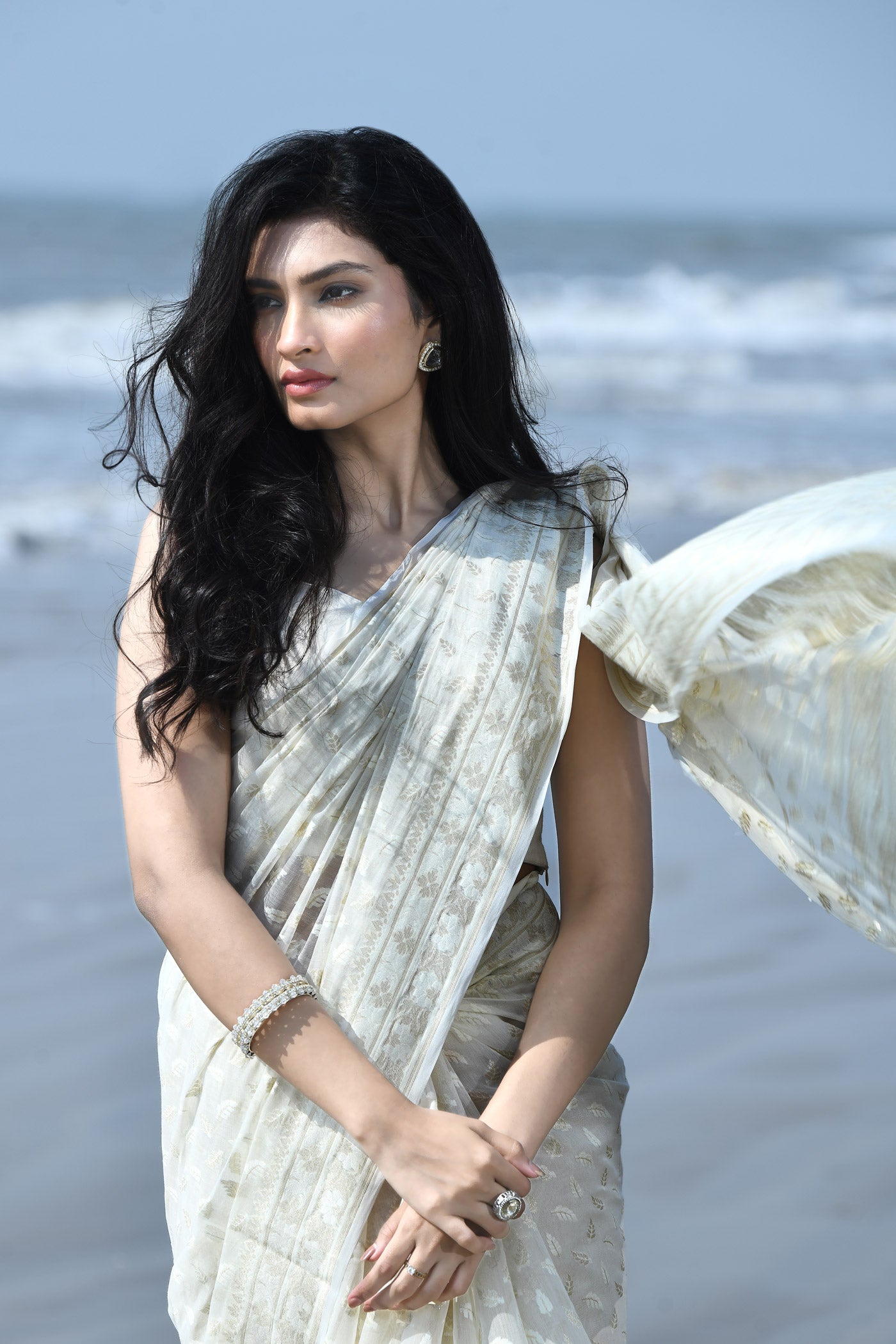 'Zehn-e-Gul' Off-White Pure Resham Cotton Silk Banarasi Handloom Saree 'Zehn-e-Gul' Off-White Pure Resham Cotton Silk Banarasi Handloom Saree