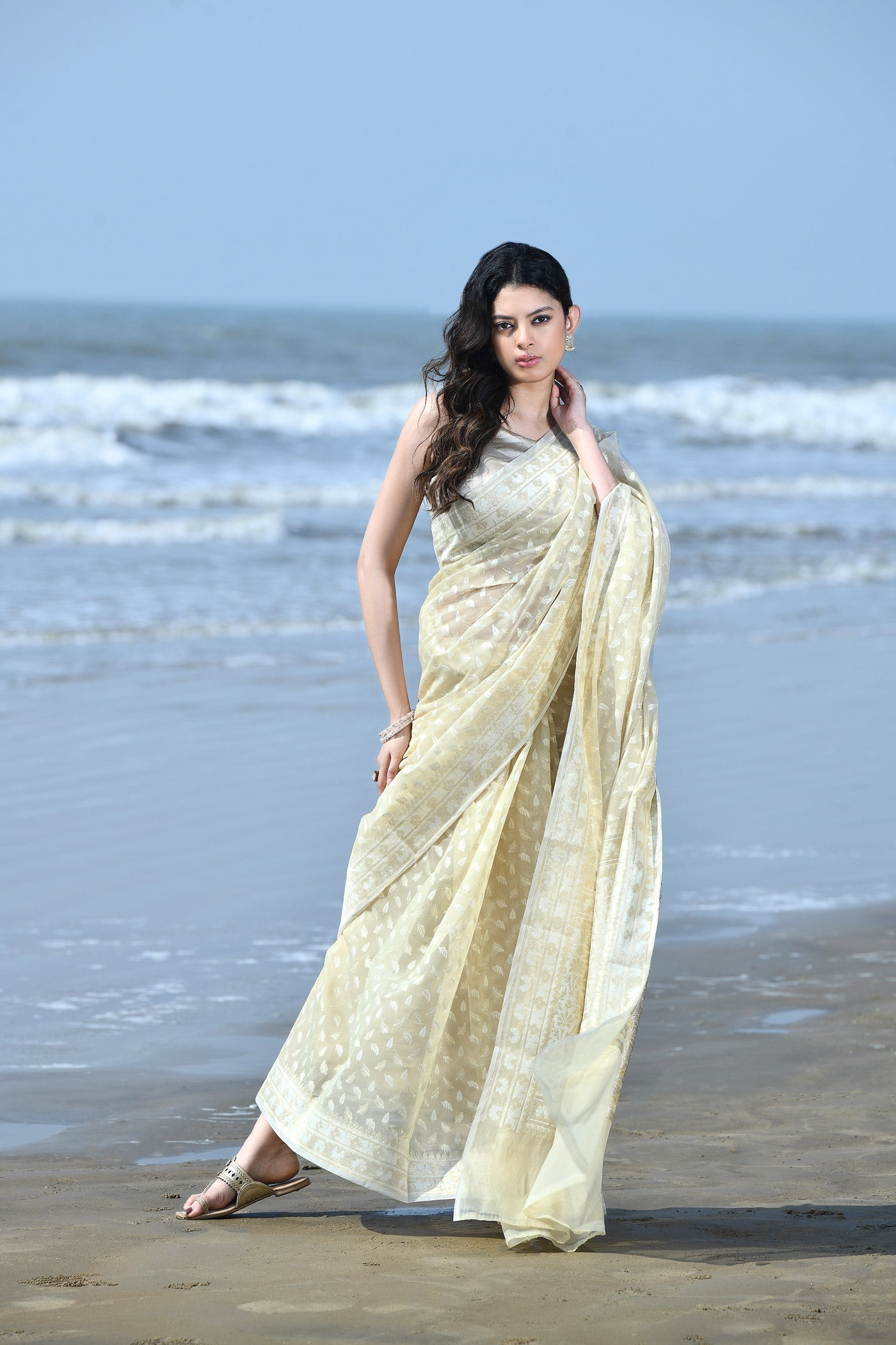 'Zehn-e-Gul' Tussar Beige Pure Resham Cotton Silk Banarasi Handloom Saree 'Zehn-e-Gul' Tussar Beige Pure Resham Cotton Silk Banarasi Handloom Saree