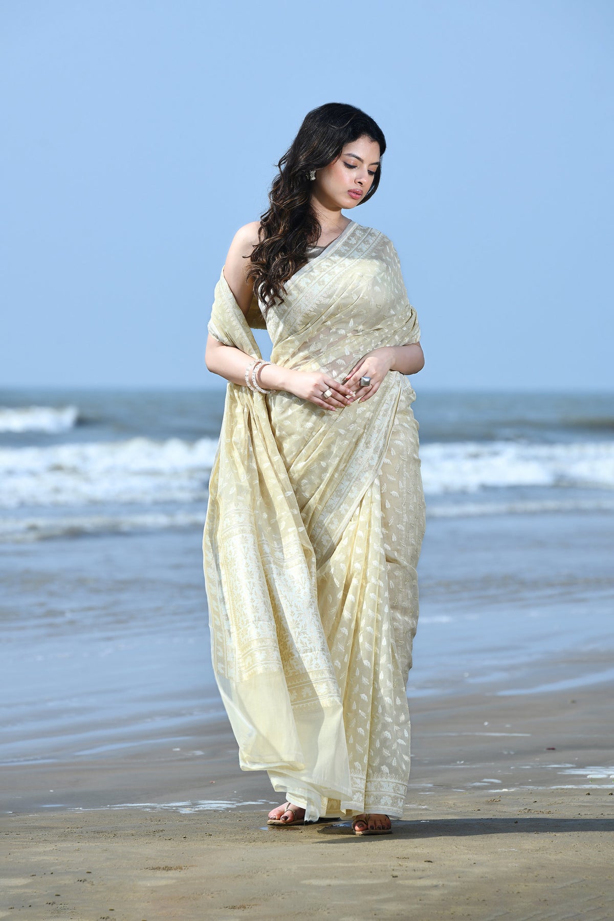 'Zehn-e-Gul' Tussar Beige Pure Resham Cotton Silk Banarasi Handloom Saree