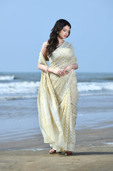 'Zehn-e-Gul' Tussar Beige Pure Resham Cotton Silk Banarasi Handloom Saree