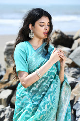 'Jash-e-Jal' Turquoise Sea Green Pure Resham Cotton Silk Banarasi Handloom Saree