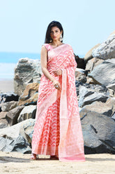 Jash-e-Jal' Pastel Coral Peach Pure Resham Cotton Silk Banarasi Handloom Saree