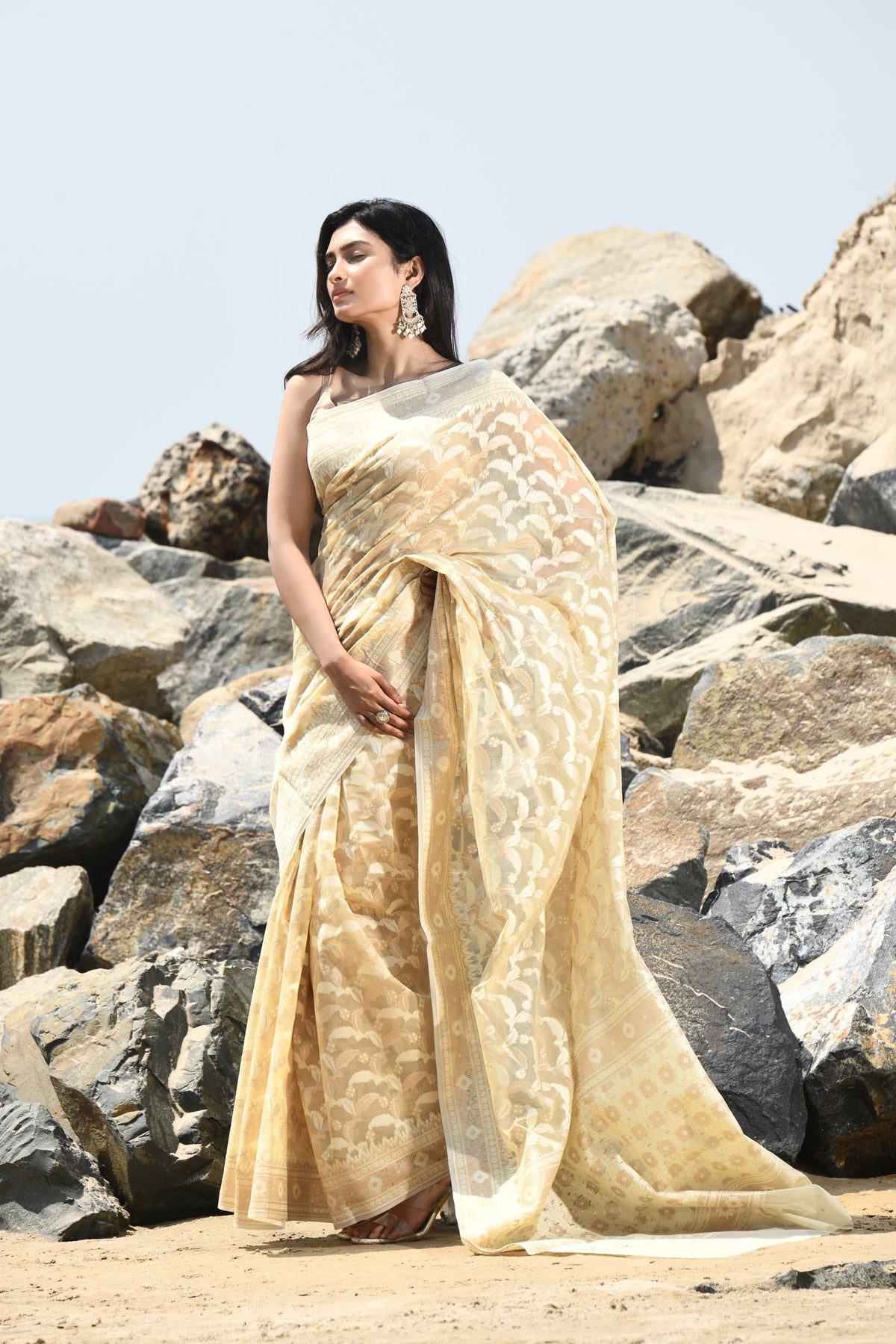 Jash-e-Jal' Tussar Beige Pure Resham Cotton Silk Banarasi Handloom Saree