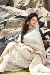 Jash-e-Jal' Ivory Beige Pure Resham Cotton Silk Banarasi Handloom Saree