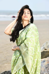 Jash-e-Jal' Pastel Pista Green Pure Resham Cotton Silk Banarasi Handloom Saree