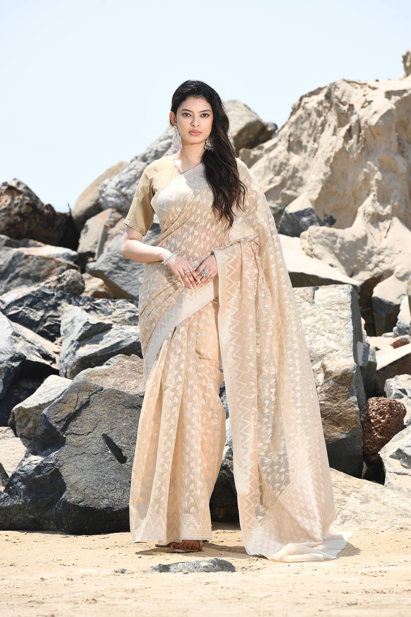 'Mehfil-e-Rang' Beige Tussar Pure Resham Cotton Silk Banarasi Handloom Saree 'Mehfil-e-Rang' Beige Tussar Pure Resham Cotton Silk Banarasi Handloom Saree