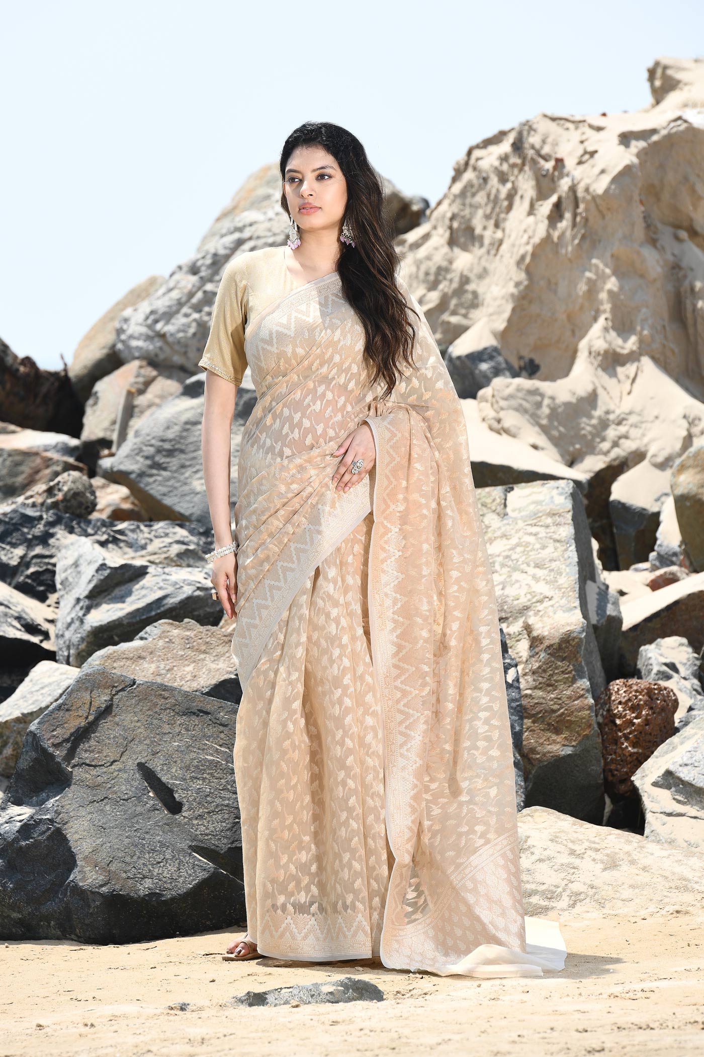 'Mehfil-e-Rang' Beige Tussar Pure Resham Cotton Silk Banarasi Handloom Saree 'Mehfil-e-Rang' Beige Tussar Pure Resham Cotton Silk Banarasi Handloom Saree