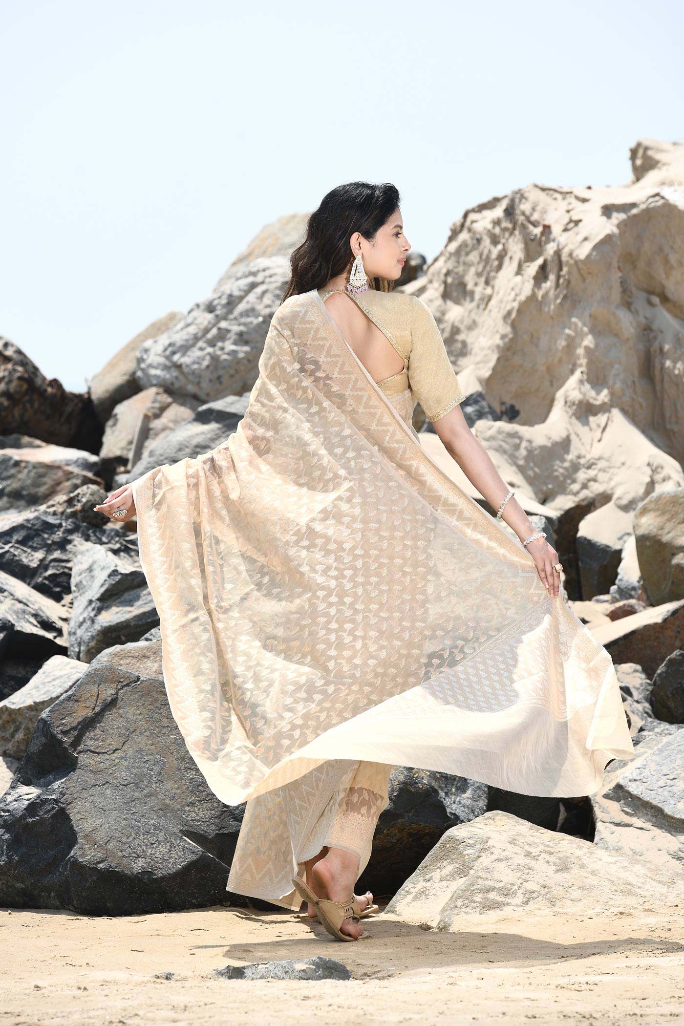 'Mehfil-e-Rang' Beige Tussar Pure Resham Cotton Silk Banarasi Handloom Saree 'Mehfil-e-Rang' Beige Tussar Pure Resham Cotton Silk Banarasi Handloom Saree