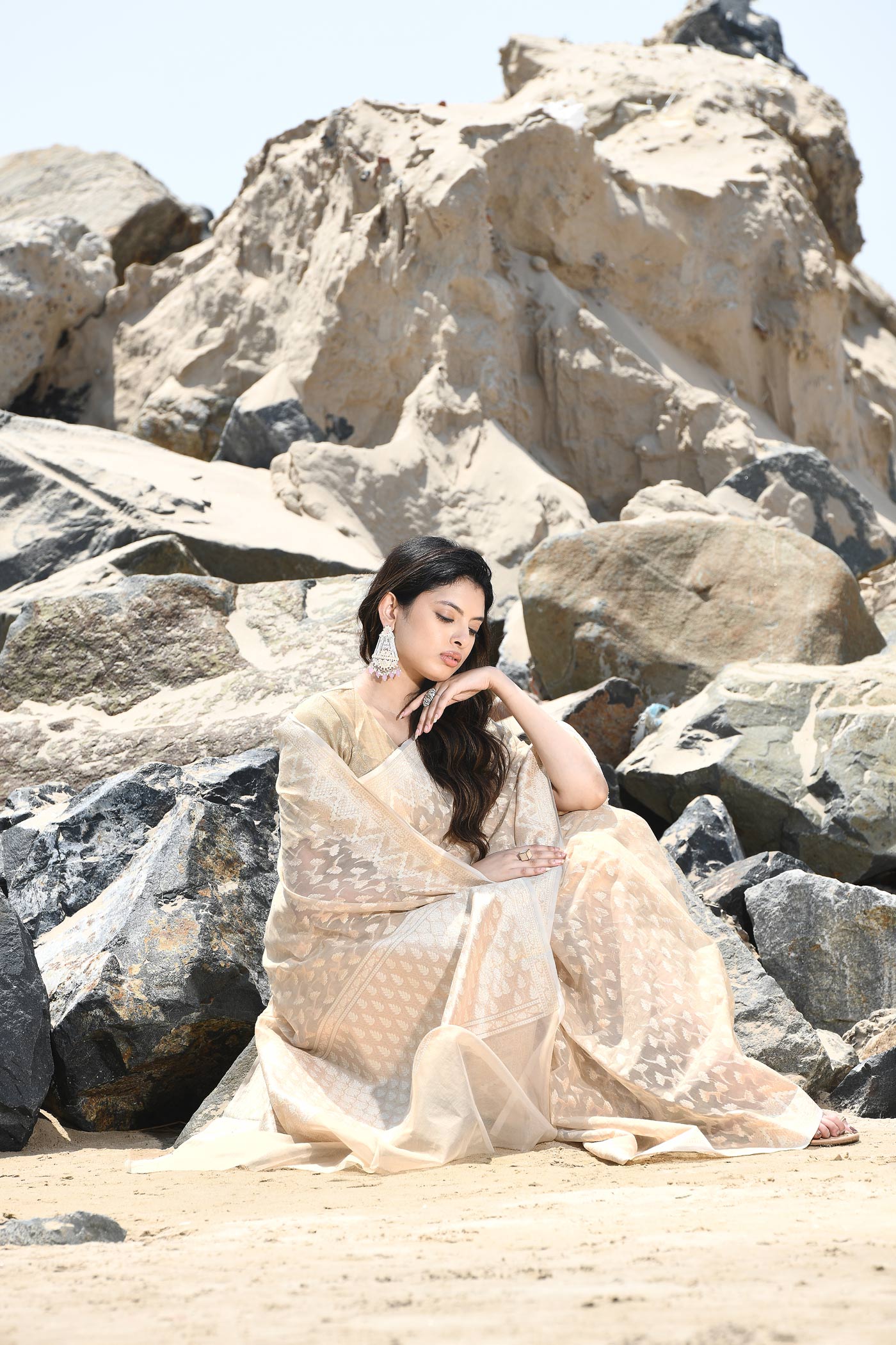 'Mehfil-e-Rang' Beige Tussar Pure Resham Cotton Silk Banarasi Handloom Saree 'Mehfil-e-Rang' Beige Tussar Pure Resham Cotton Silk Banarasi Handloom Saree