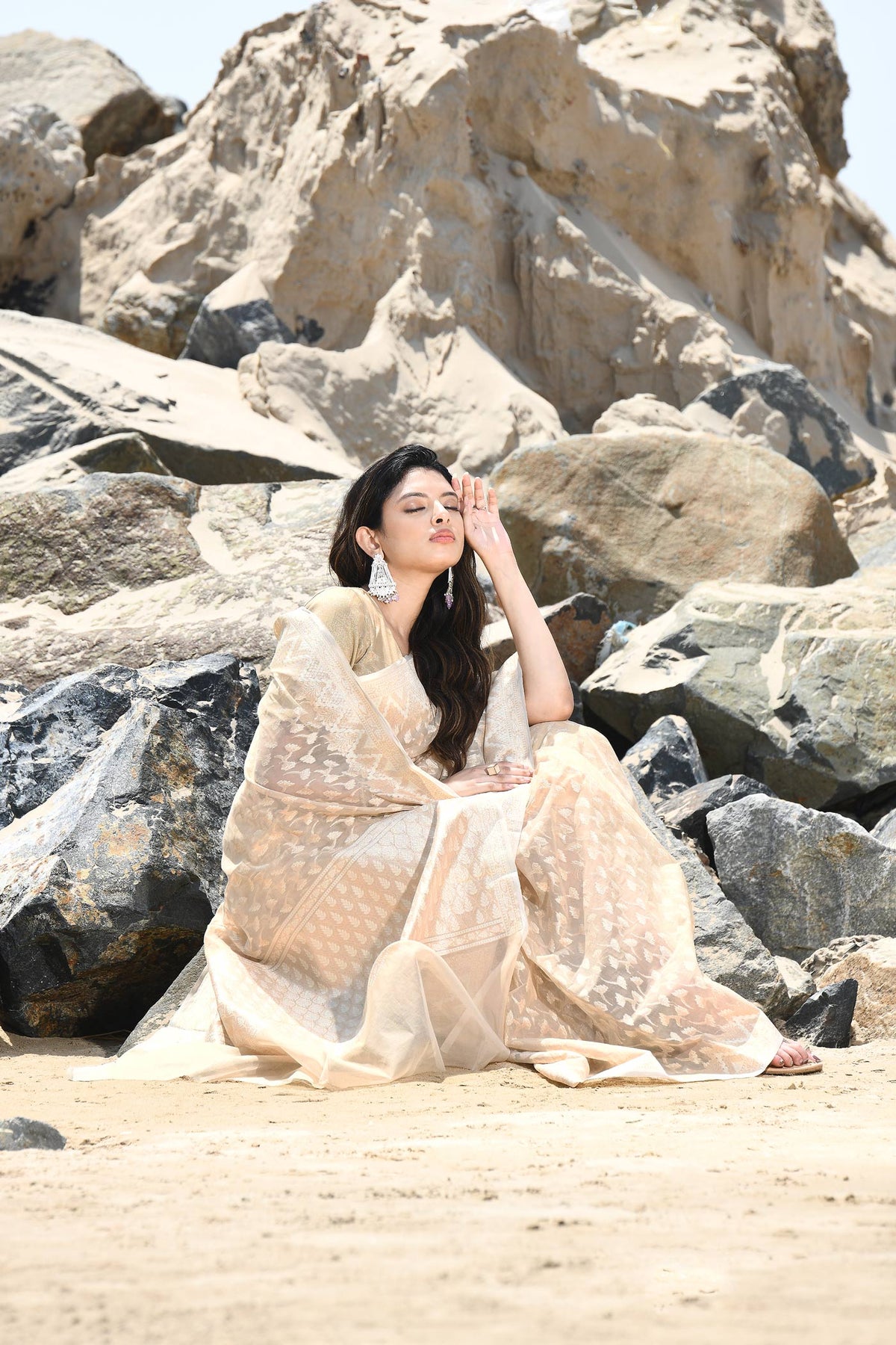 'Mehfil-e-Rang' Beige Tussar Pure Resham Cotton Silk Banarasi Handloom Saree