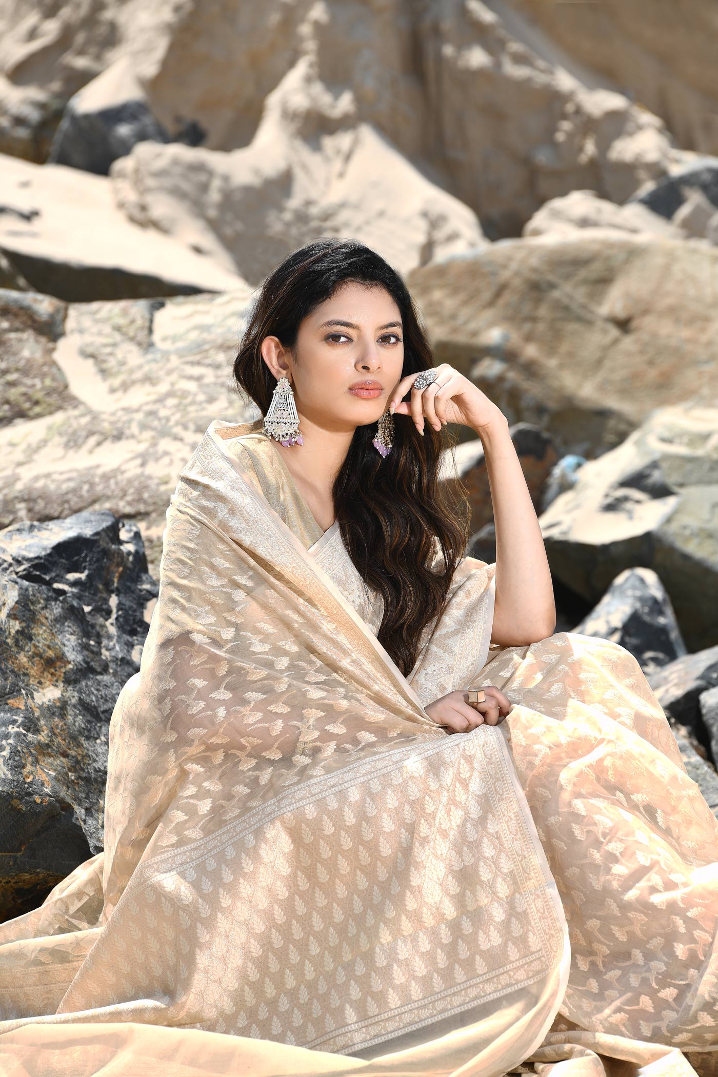 'Mehfil-e-Rang' Beige Tussar Pure Resham Cotton Silk Banarasi Handloom Saree 'Mehfil-e-Rang' Beige Tussar Pure Resham Cotton Silk Banarasi Handloom Saree
