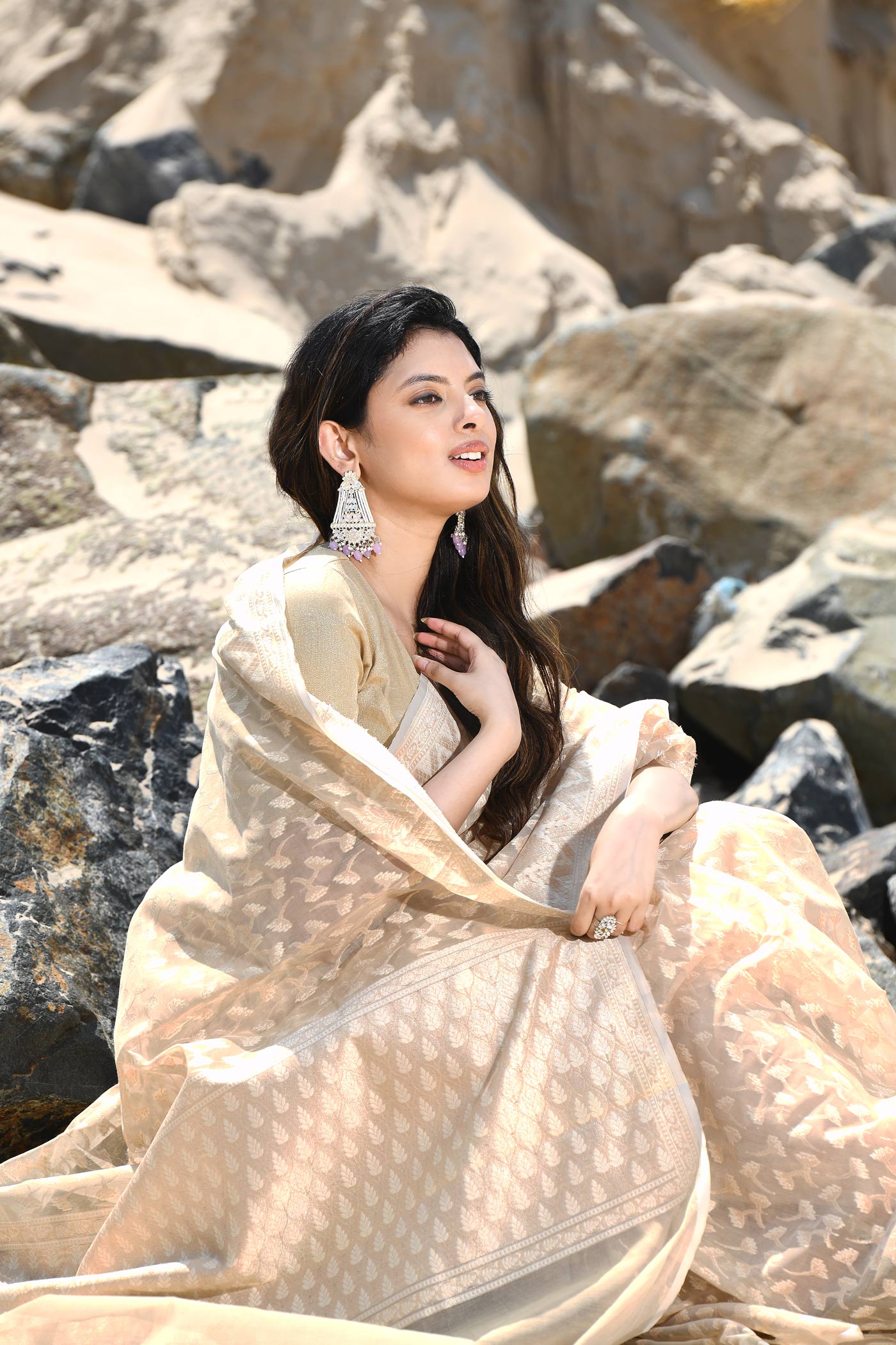 'Mehfil-e-Rang' Beige Tussar Pure Resham Cotton Silk Banarasi Handloom Saree 'Mehfil-e-Rang' Beige Tussar Pure Resham Cotton Silk Banarasi Handloom Saree