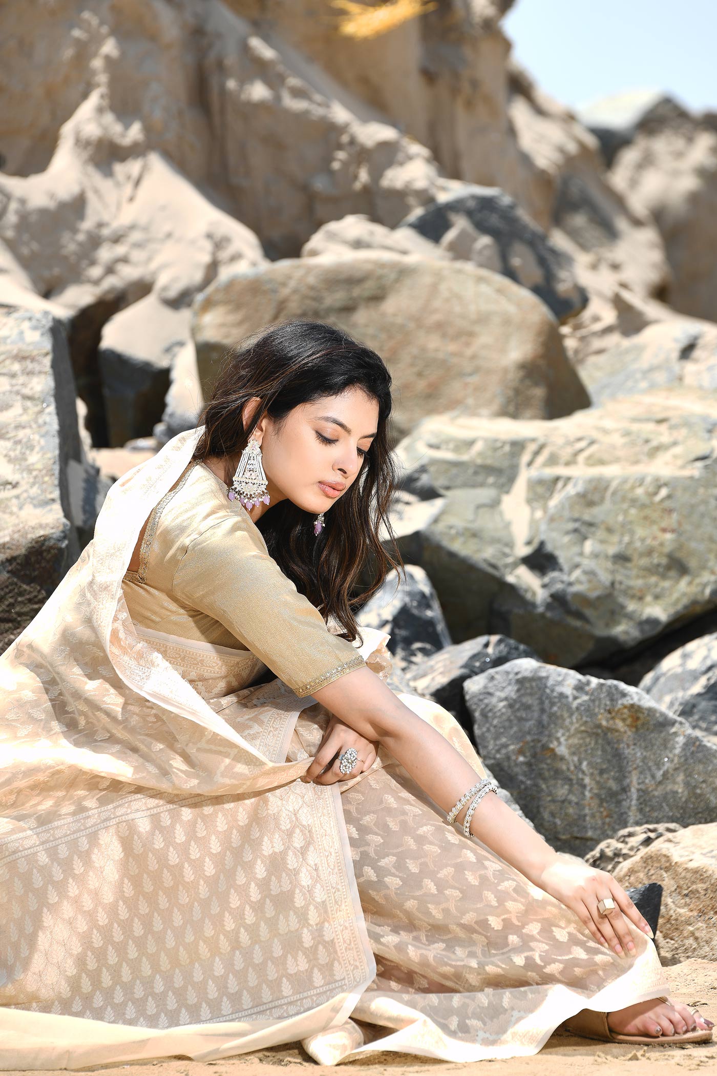 'Mehfil-e-Rang' Beige Tussar Pure Resham Cotton Silk Banarasi Handloom Saree 'Mehfil-e-Rang' Beige Tussar Pure Resham Cotton Silk Banarasi Handloom Saree