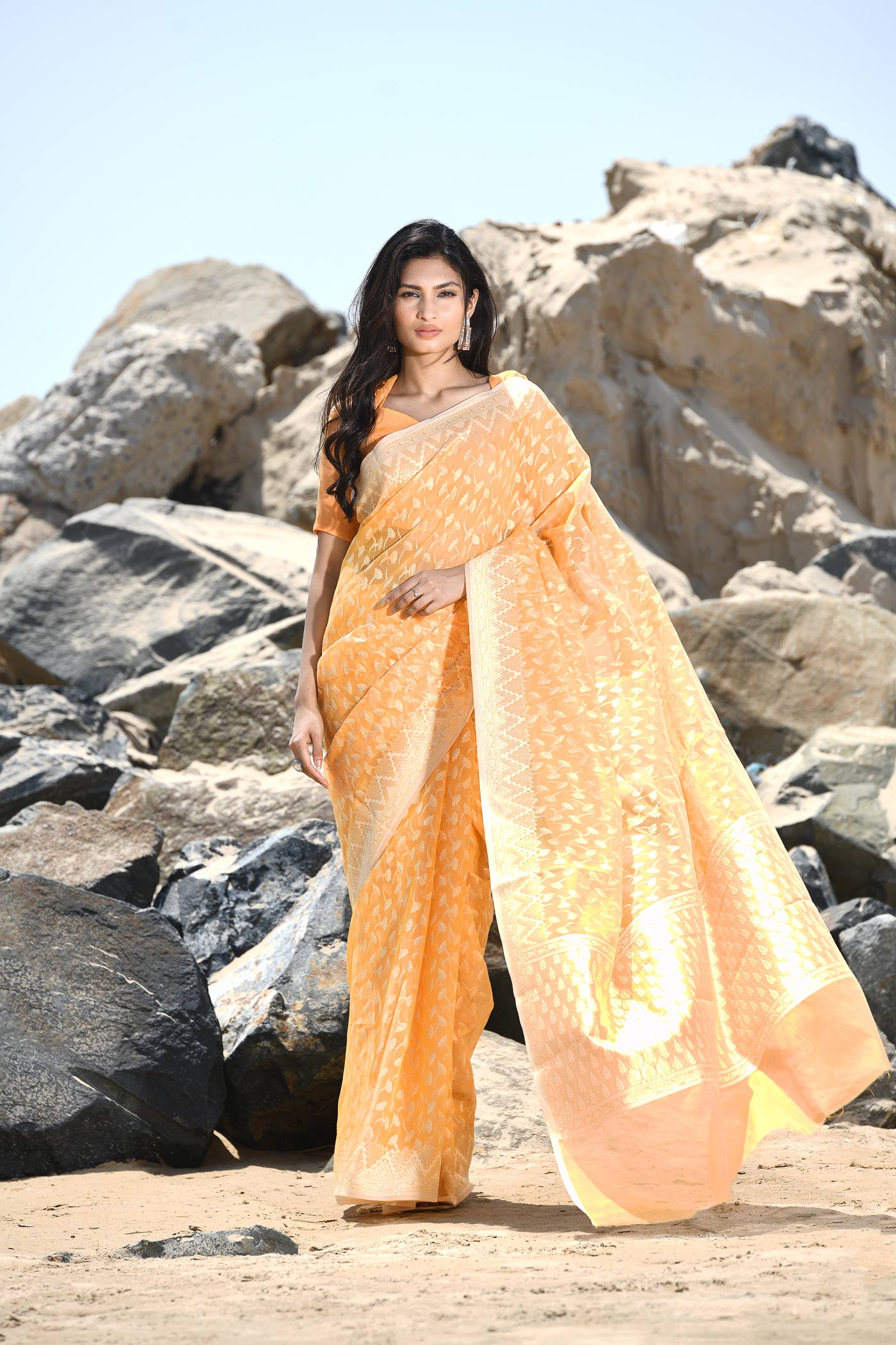 'Mehfil-e-Rang' Orange Pure Resham Cotton Silk Banarasi Handloom Saree 'Mehfil-e-Rang' Orange Pure Resham Cotton Silk Banarasi Handloom Saree