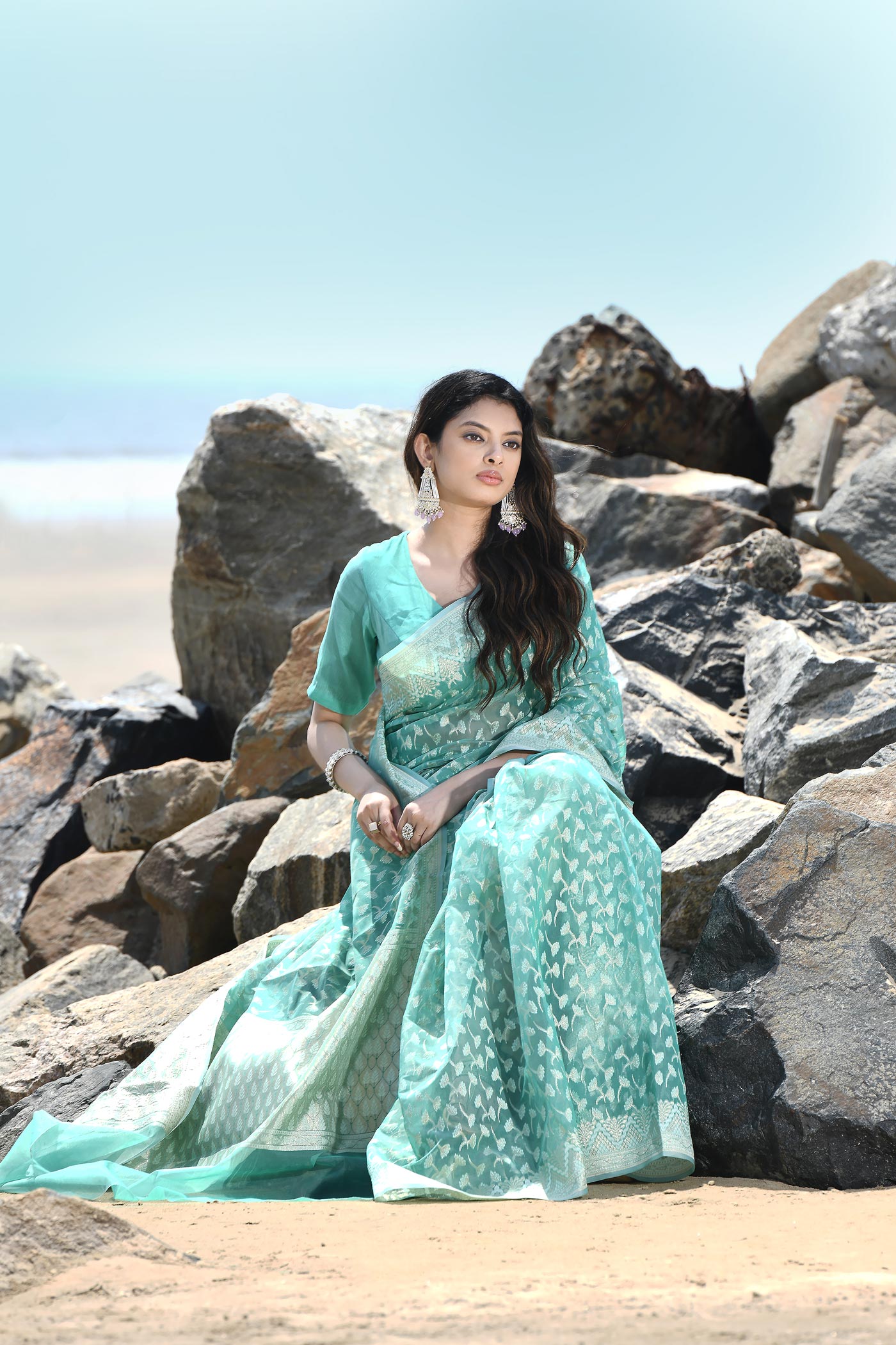'Mehfil-e-Rang' Sea Green Pure Resham Cotton Silk Banarasi Handloom Saree 'Mehfil-e-Rang' Sea Green Pure Resham Cotton Silk Banarasi Handloom Saree