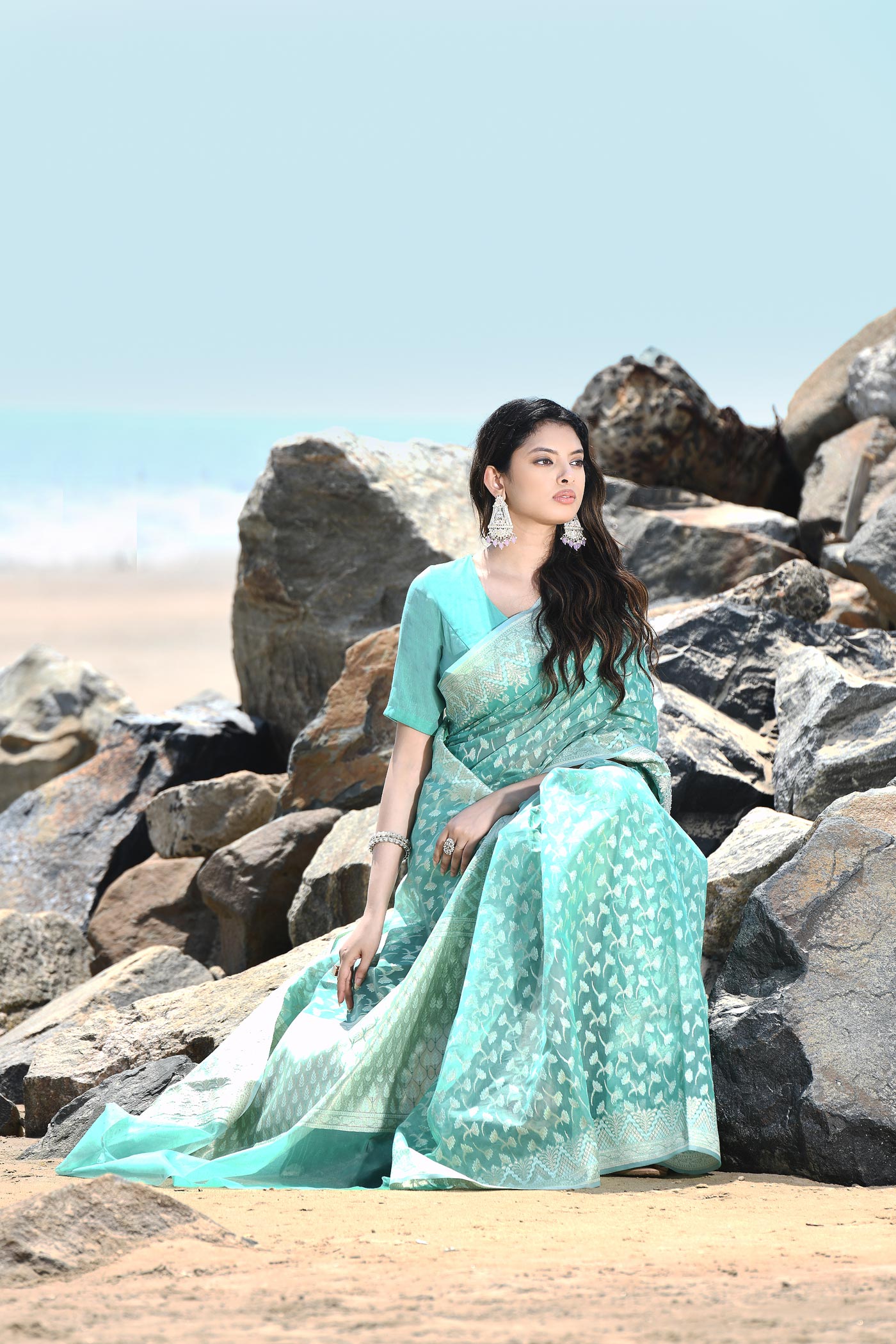 'Mehfil-e-Rang' Sea Green Pure Resham Cotton Silk Banarasi Handloom Saree 'Mehfil-e-Rang' Sea Green Pure Resham Cotton Silk Banarasi Handloom Saree
