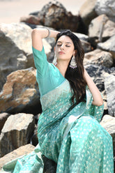 'Mehfil-e-Rang' Sea Green Pure Resham Cotton Silk Banarasi Handloom Saree