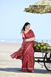 'Gulnaar' Garnet Red Pure Resham Cotton Alfi Jaal Tilfi Border Banarasi Handloom Saree