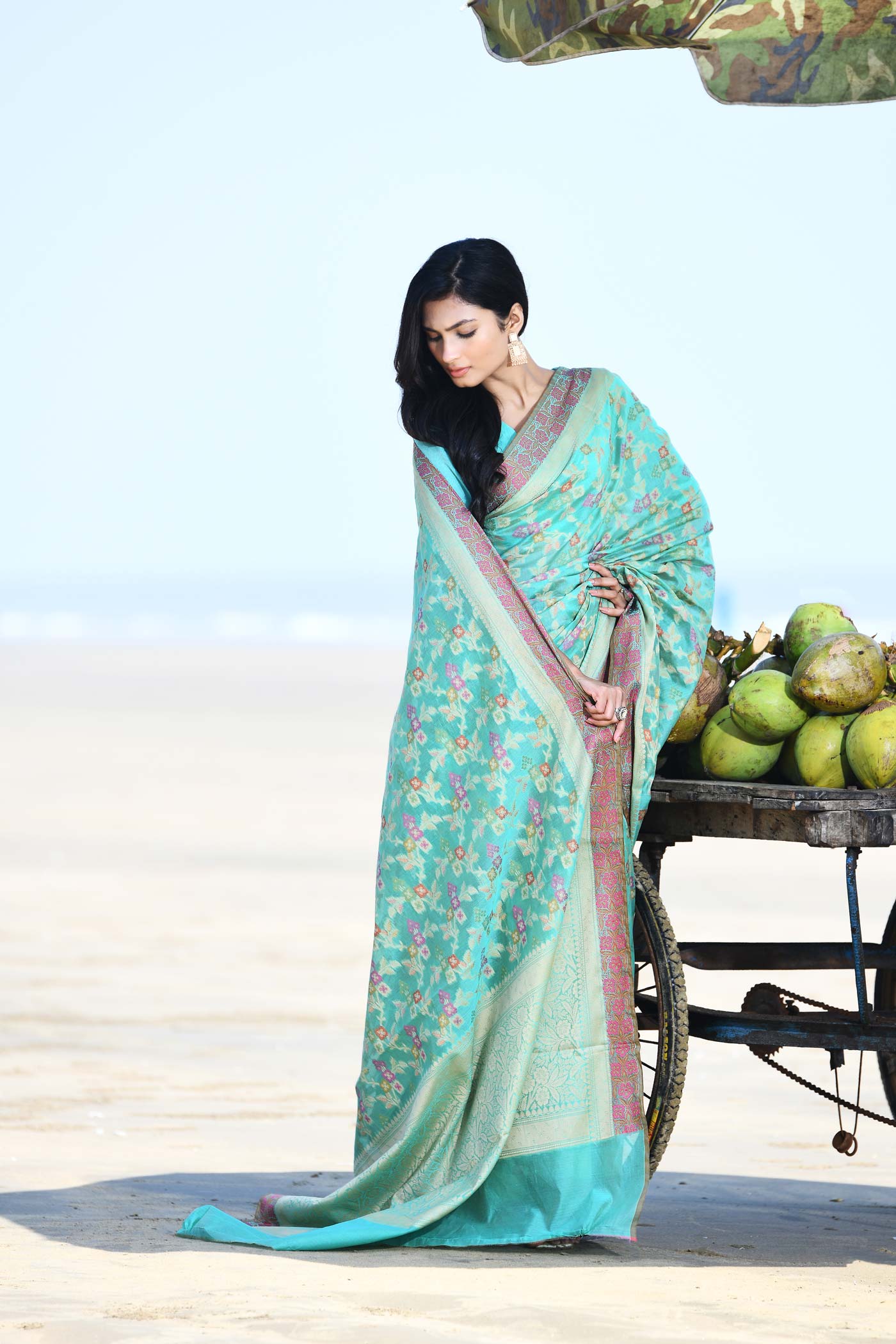 'Gulnaar' Aqua Pure Resham Cotton Alfi Jaal Tilfi Border Banarasi Handloom Saree 'Gulnaar' Aqua Pure Resham Cotton Alfi Jaal Tilfi Border Banarasi Handloom Saree