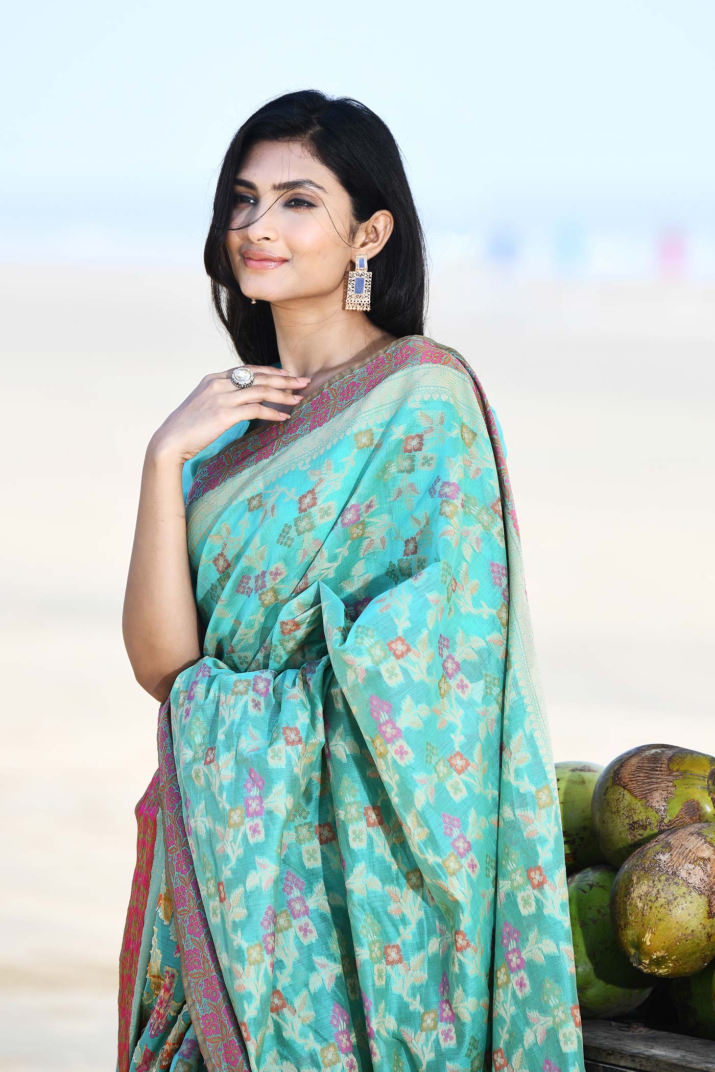'Gulnaar' Aqua Pure Resham Cotton Alfi Jaal Tilfi Border Banarasi Handloom Saree 'Gulnaar' Aqua Pure Resham Cotton Alfi Jaal Tilfi Border Banarasi Handloom Saree