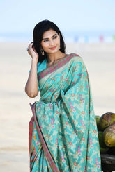 'Gulnaar' Aqua Pure Resham Cotton Alfi Jaal Tilfi Border Banarasi Handloom Saree