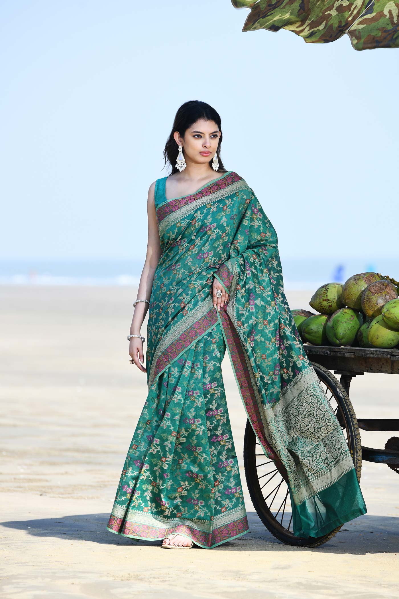 'Gulnaar' Teal Pure Resham Cotton Alfi Jaal Tilfi Border Banarasi Handloom Saree 'Gulnaar' Teal Pure Resham Cotton Alfi Jaal Tilfi Border Banarasi Handloom Saree