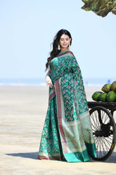 'Gulnaar' Teal Pure Resham Cotton Alfi Jaal Tilfi Border Banarasi Handloom Saree