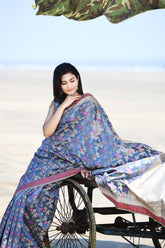 'Gulnaar' Grey Pure Resham Cotton Alfi Jaal Tilfi Border Banarasi Handloom Saree