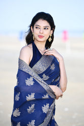 'Ruhani' Blue Pure Resham Cotton Banarasi Handloom Saree