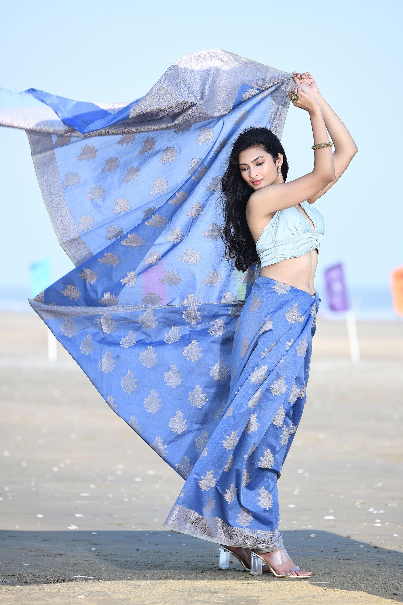 'Ruhani' Blue-Grey Pure Resham Cotton Banarasi Handloom Saree 'Ruhani' Blue-Grey Pure Resham Cotton Banarasi Handloom Saree