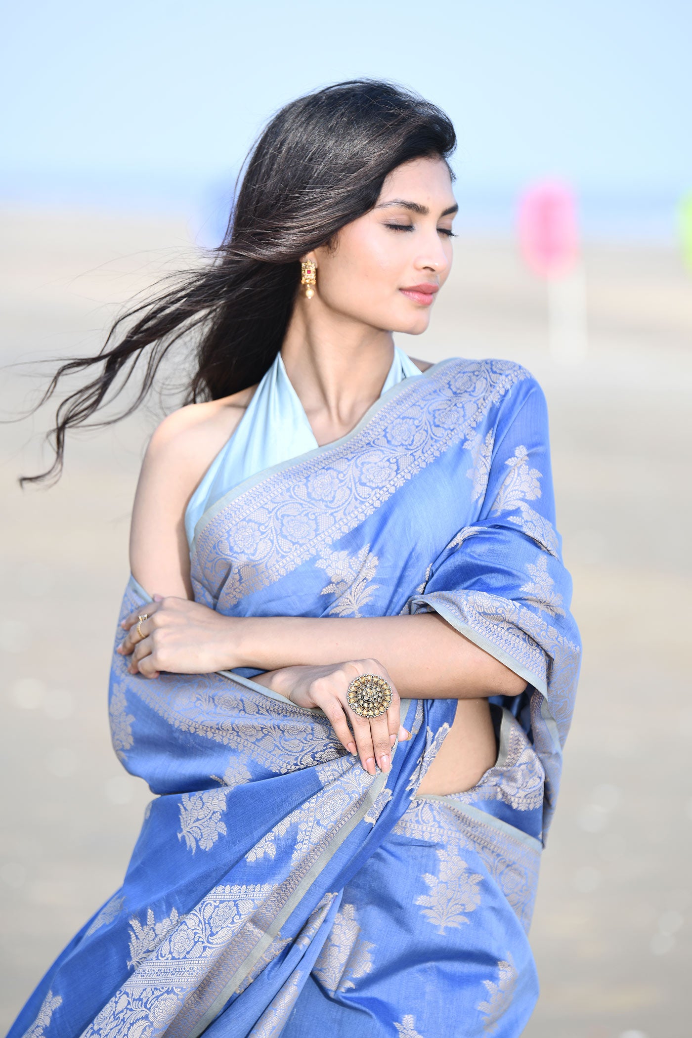 'Ruhani' Blue-Grey Pure Resham Cotton Banarasi Handloom Saree 'Ruhani' Blue-Grey Pure Resham Cotton Banarasi Handloom Saree