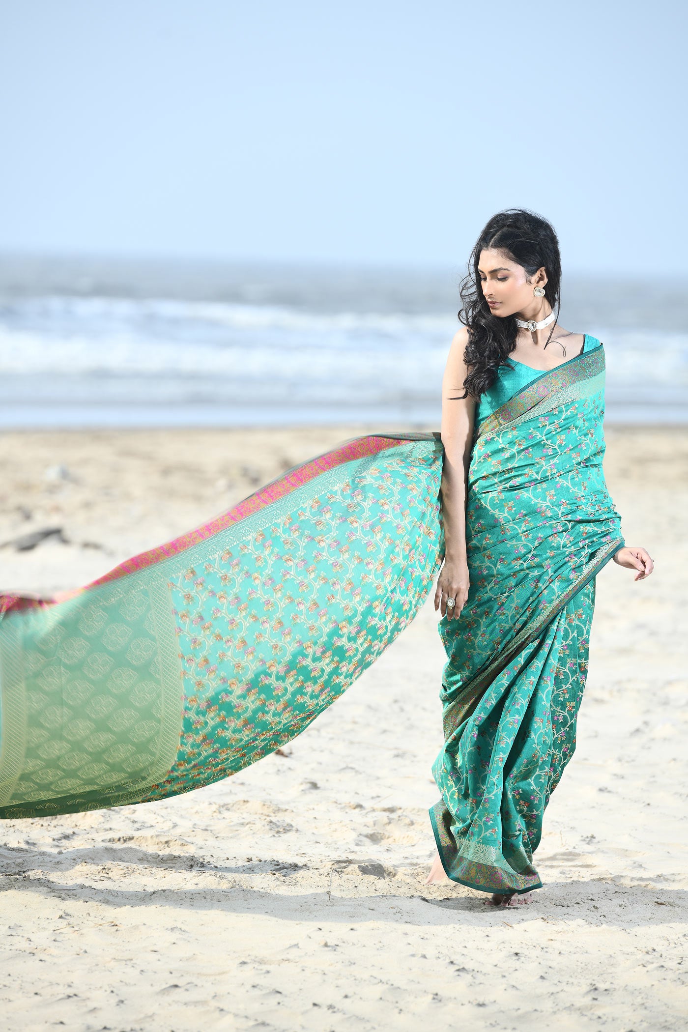 'Nazaakat'  Green Pure Resham Cotton Alfi Jaal Tilfi Border Pure Banarasi Handloom Saree 'Nazaakat'  Green Pure Resham Cotton Alfi Jaal Tilfi Border Pure Banarasi Handloom Saree