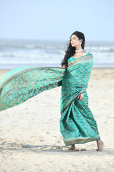 'Nazaakat'  Green Pure Resham Cotton Alfi Jaal Tilfi Border Pure Banarasi Handloom Saree