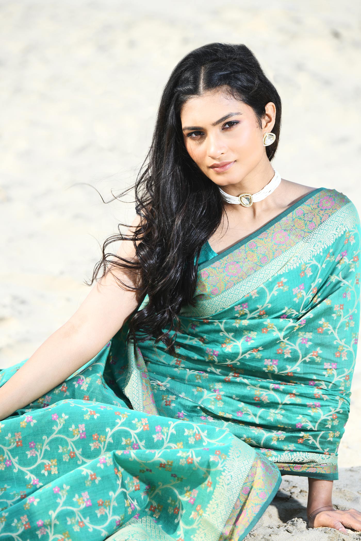'Nazaakat'  Green Pure Resham Cotton Alfi Jaal Tilfi Border Pure Banarasi Handloom Saree 'Nazaakat'  Green Pure Resham Cotton Alfi Jaal Tilfi Border Pure Banarasi Handloom Saree