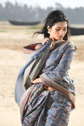 'Nazaakat' Grey Pure Resham Cotton Alfi Jaal Tilfi Border Pure Banarasi Handloom Saree