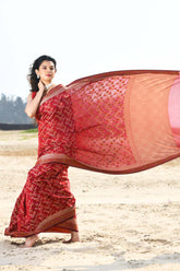 'Nazaakat' Garnet Pure Resham Cotton Alfi Jaal Tilfi Border Pure Banarasi Handloom Saree