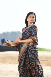 'Nazaakat' Navy Blue Pure Resham Cotton Alfi Jaal Tilfi Border Pure Banarasi Handloom Saree
