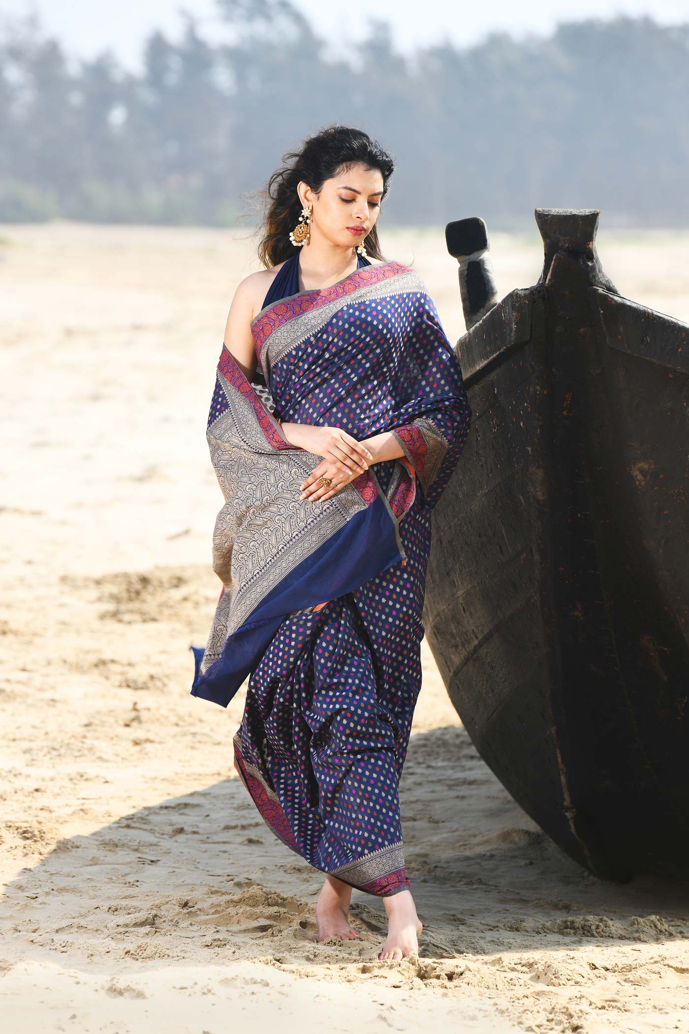 'Shabnam' Blue Pure Resham Cotton Alfi Booti Tilfi Border Banarasi Handloom Saree 'Shabnam' Blue Pure Resham Cotton Alfi Booti Tilfi Border Banarasi Handloom Saree