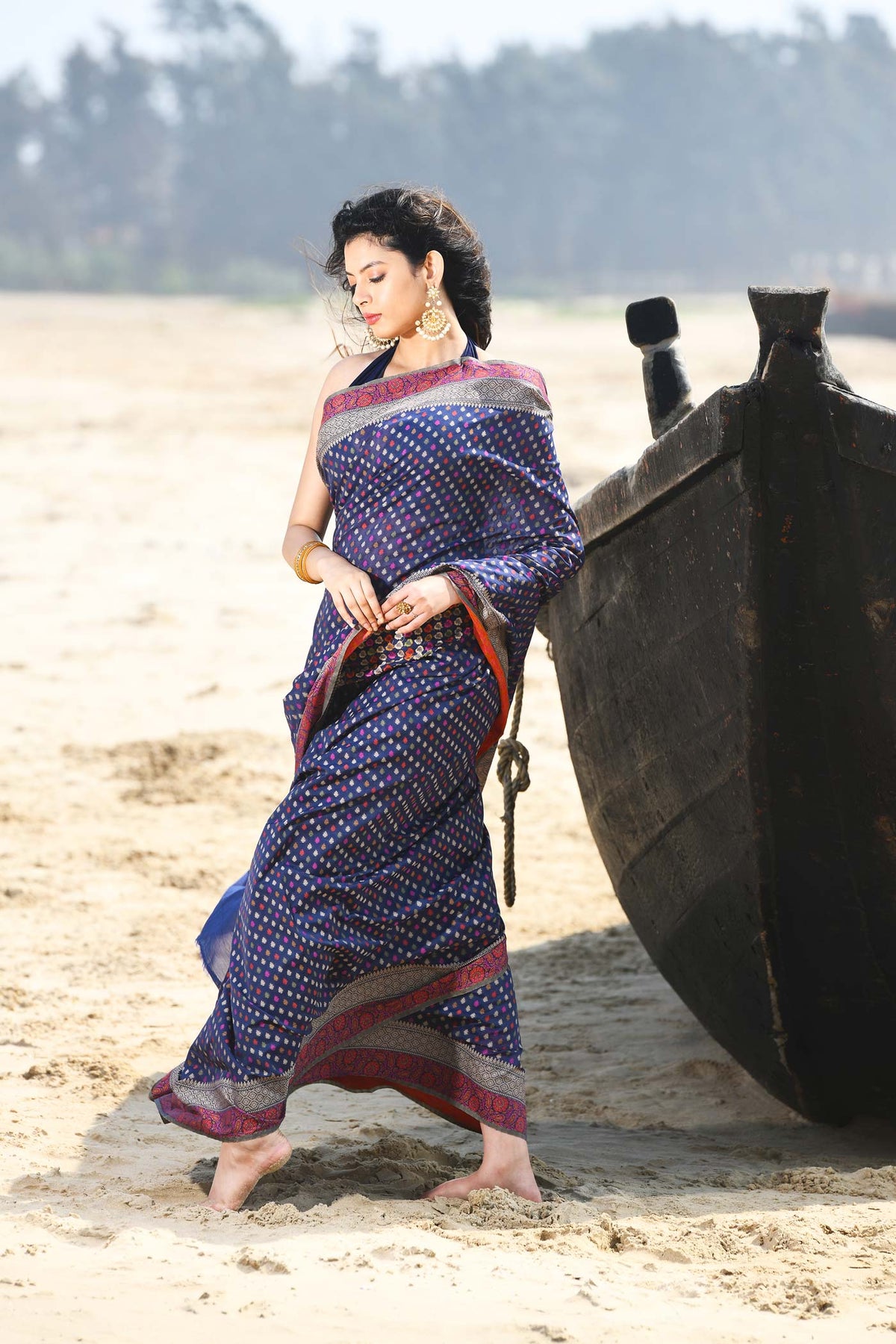 'Shabnam' Blue Pure Resham Cotton Alfi Booti Tilfi Border Banarasi Handloom Saree