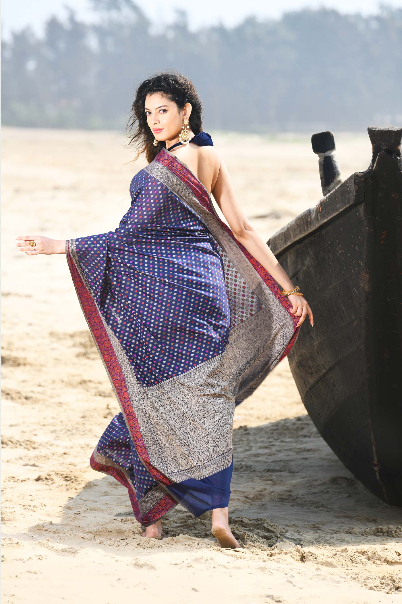 'Shabnam' Blue Pure Resham Cotton Alfi Booti Tilfi Border Banarasi Handloom Saree 'Shabnam' Blue Pure Resham Cotton Alfi Booti Tilfi Border Banarasi Handloom Saree