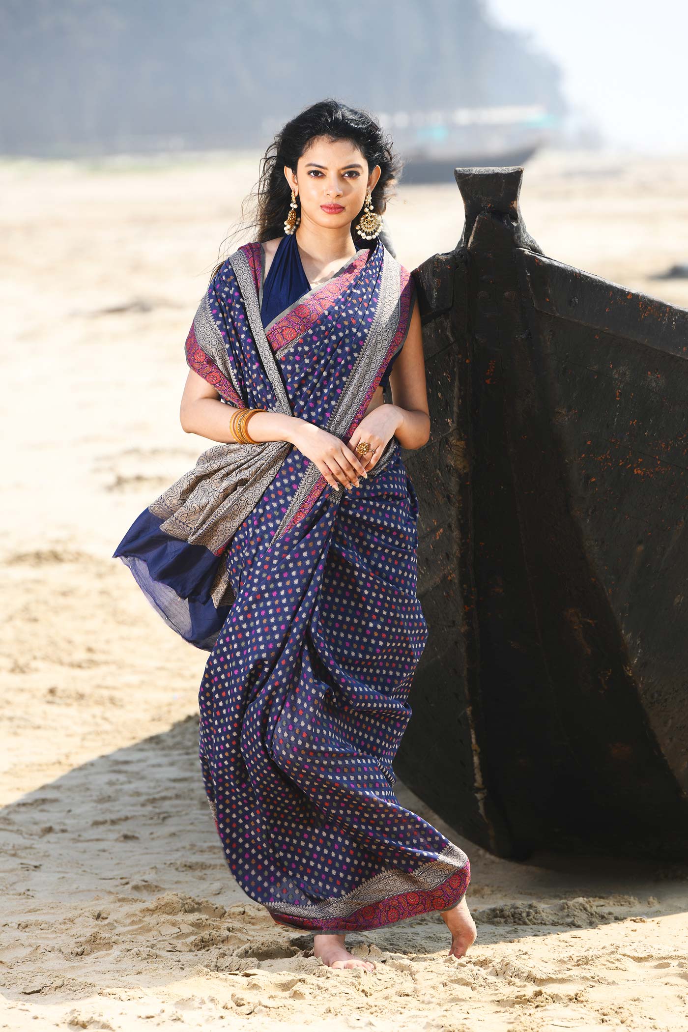 'Shabnam' Blue Pure Resham Cotton Alfi Booti Tilfi Border Banarasi Handloom Saree 'Shabnam' Blue Pure Resham Cotton Alfi Booti Tilfi Border Banarasi Handloom Saree