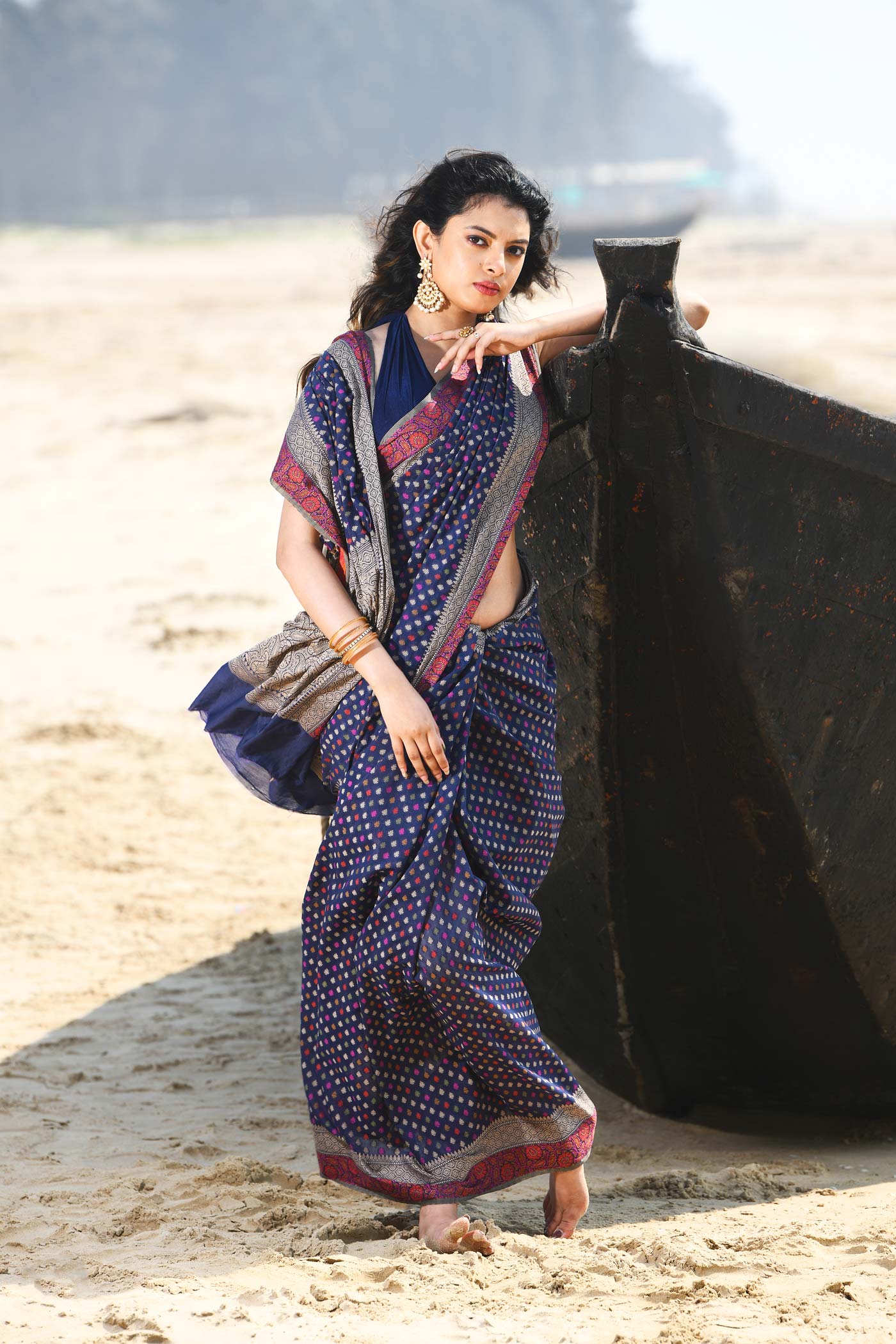 'Shabnam' Blue Pure Resham Cotton Alfi Booti Tilfi Border Banarasi Handloom Saree 'Shabnam' Blue Pure Resham Cotton Alfi Booti Tilfi Border Banarasi Handloom Saree