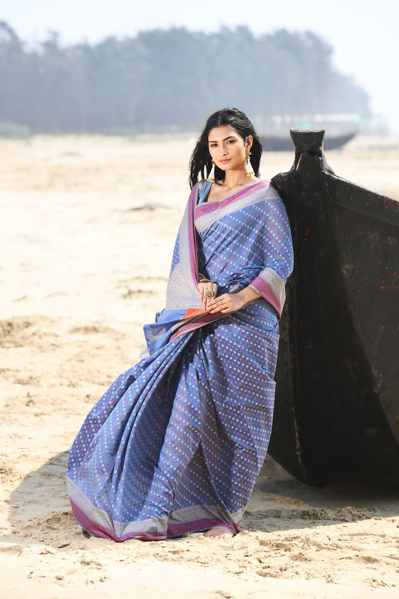 'Shabnam' Grey-Blue Pure Resham Cotton Alfi Booti Tilfi Border  Banarasi Handloom Saree 'Shabnam' Grey-Blue Pure Resham Cotton Alfi Booti Tilfi Border  Banarasi Handloom Saree