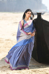 'Shabnam' Grey-Blue Pure Resham Cotton Alfi Booti Tilfi Border  Banarasi Handloom Saree