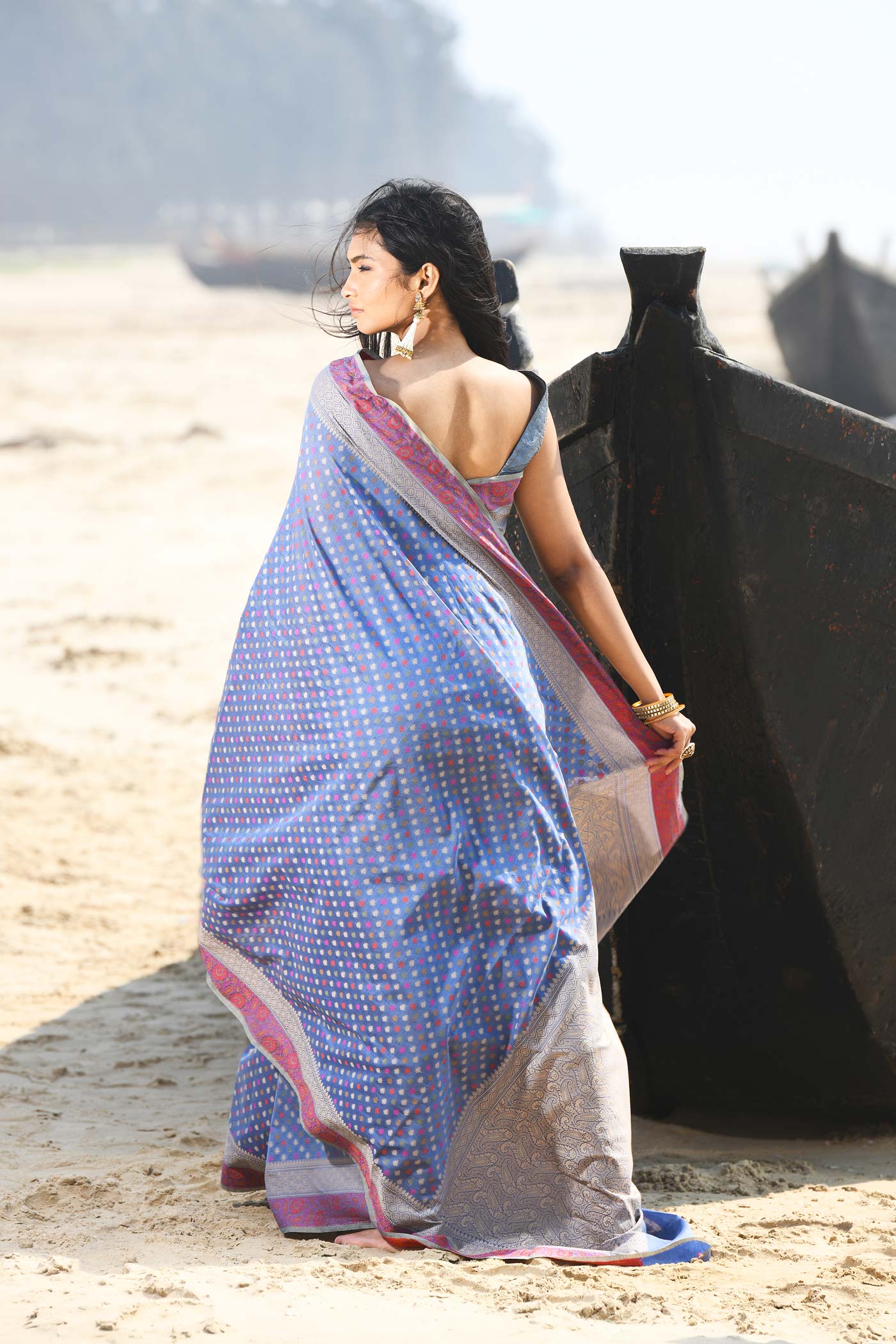 'Shabnam' Grey-Blue Pure Resham Cotton Alfi Booti Tilfi Border  Banarasi Handloom Saree 'Shabnam' Grey-Blue Pure Resham Cotton Alfi Booti Tilfi Border  Banarasi Handloom Saree