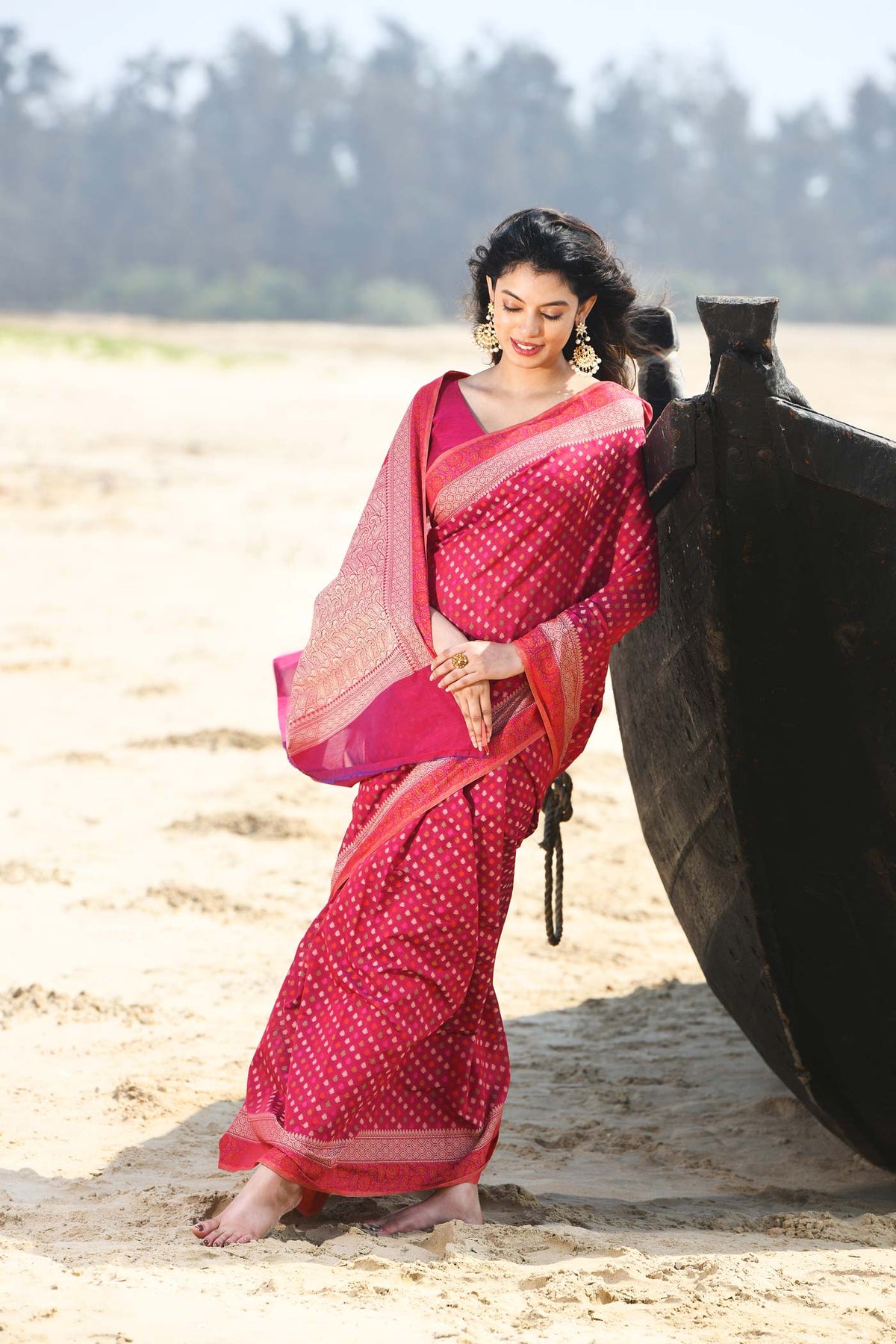 'Shabnam' Raspberry Red-Pink Pure Resham Cotton Alfi Booti Tilfi Border  Banarasi Handloom Saree