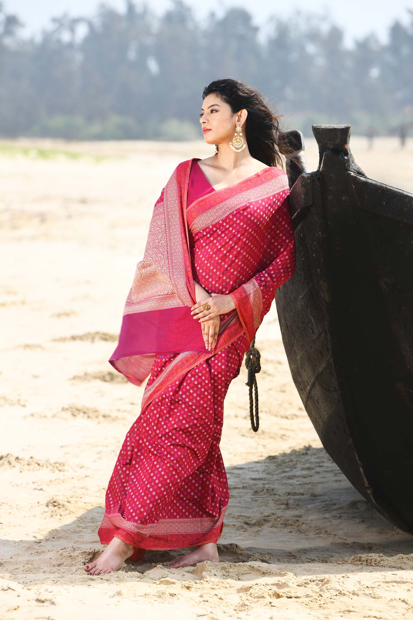 'Shabnam' Raspberry Red-Pink Pure Resham Cotton Alfi Booti Tilfi Border  Banarasi Handloom Saree 'Shabnam' Raspberry Red-Pink Pure Resham Cotton Alfi Booti Tilfi Border  Banarasi Handloom Saree