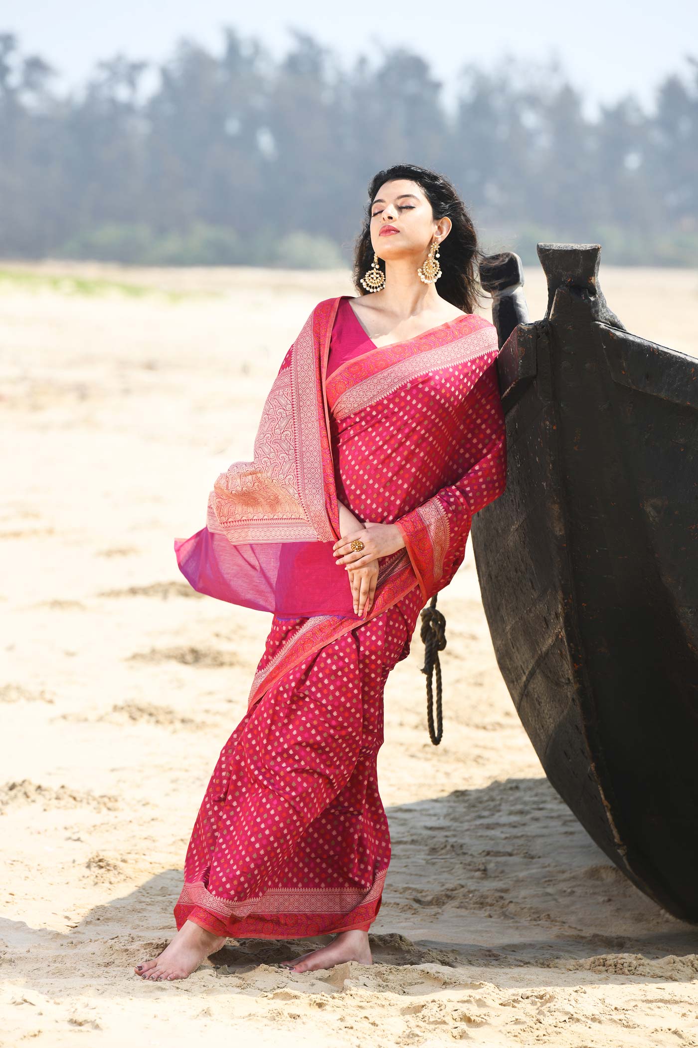 'Shabnam' Raspberry Red-Pink Pure Resham Cotton Alfi Booti Tilfi Border  Banarasi Handloom Saree 'Shabnam' Raspberry Red-Pink Pure Resham Cotton Alfi Booti Tilfi Border  Banarasi Handloom Saree